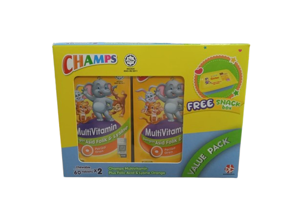 Champs Multivitamin + Folic Acid & Lysine Tabs 2×60’s (O) Foc Snack Box